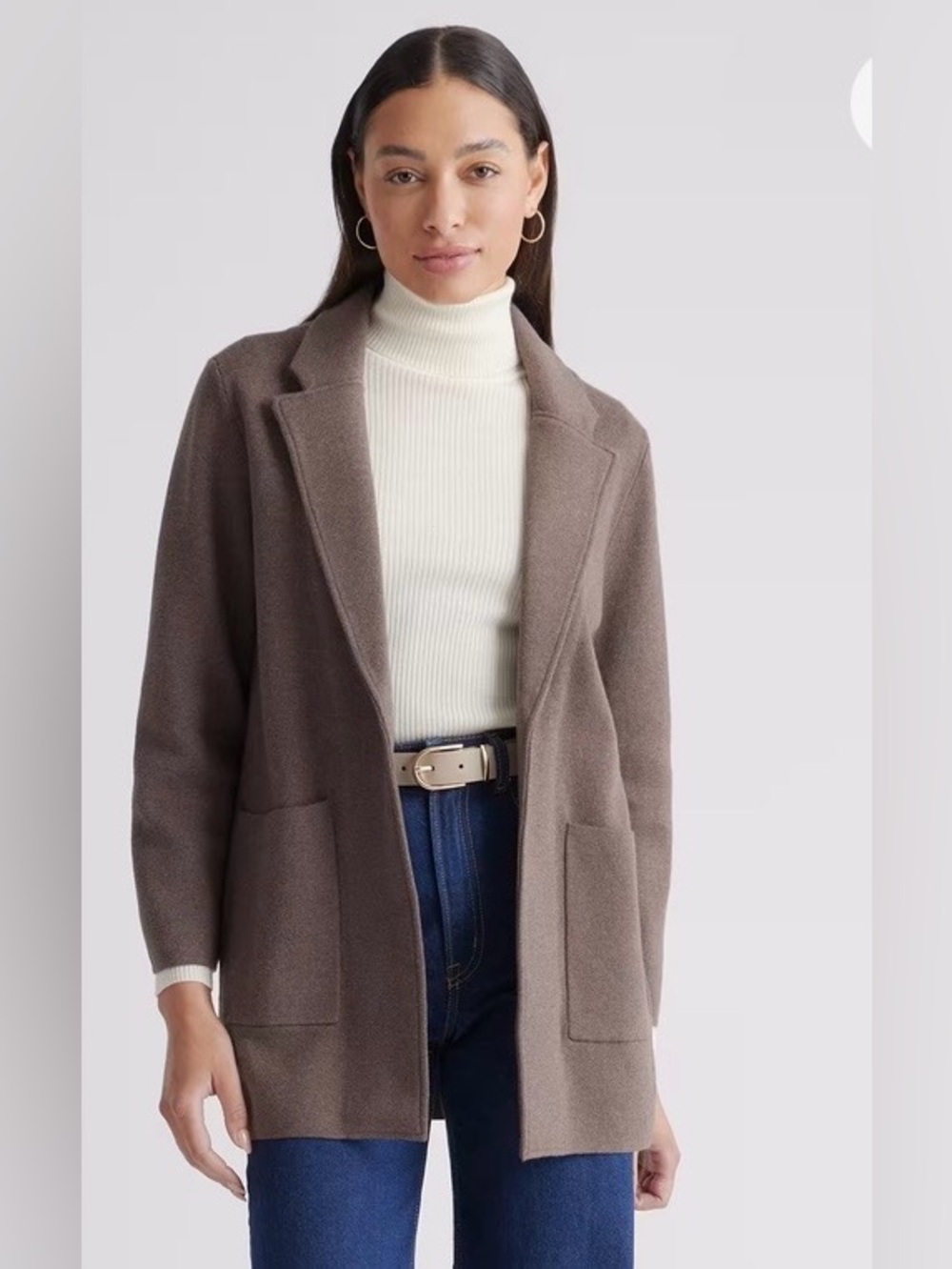 Quince Minimalist Organic Cotton Brown Open Front Knit Blazer size medium
